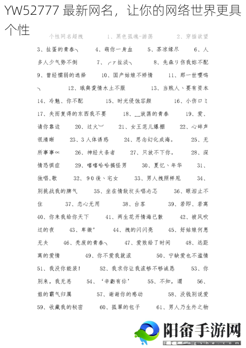 YW52777 最新网名，让你的网络世界更具个性