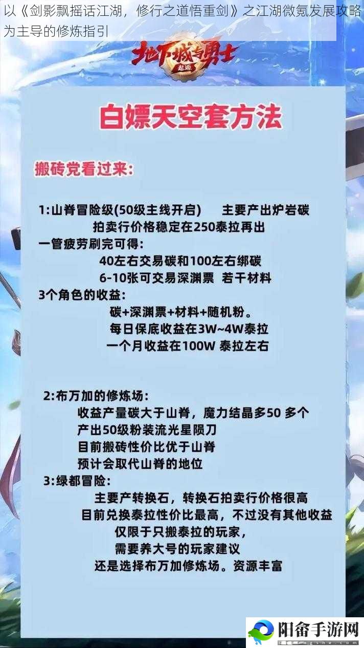 以《剑影飘摇话江湖，修行之道悟重剑》之江湖微氪发展攻略为主导的修炼指引